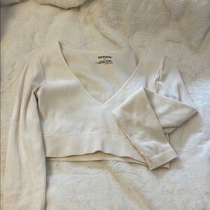 Garage Cream Ribbed V-Neck Women's Top